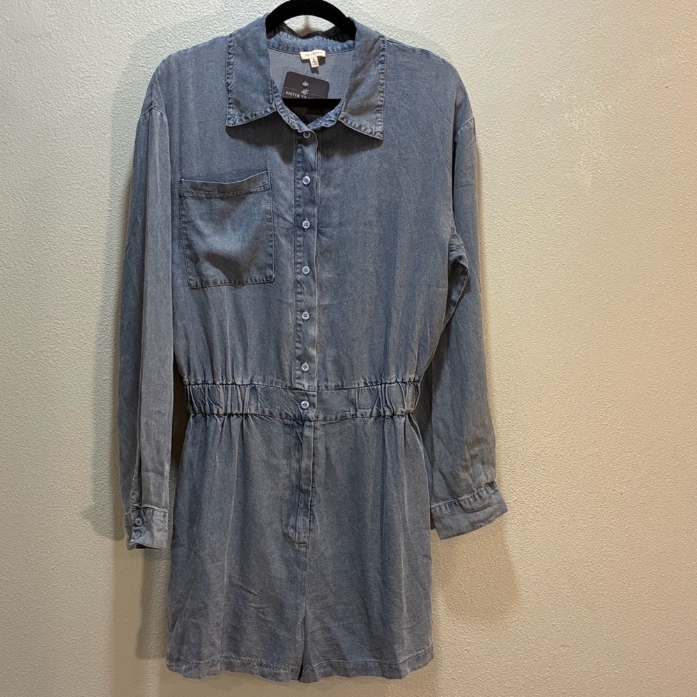 Chambray Romper Tie Waist Lightweight Summer Womens S Button Front Long Sleeve